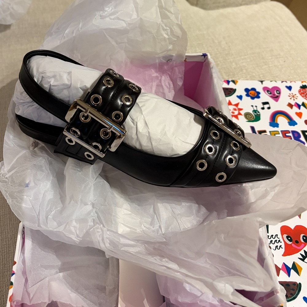 Jeffrey Campbell Lilly Buckle Slingback Flats Sandals Sz 6 Black Silver NEW NIB - Picture 8 of 10